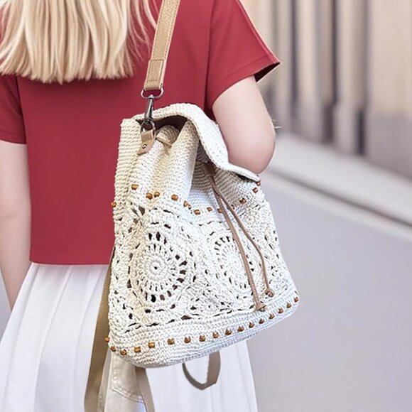 Neiman Marcus White Beige Handmade Crochet Backpack main image 6